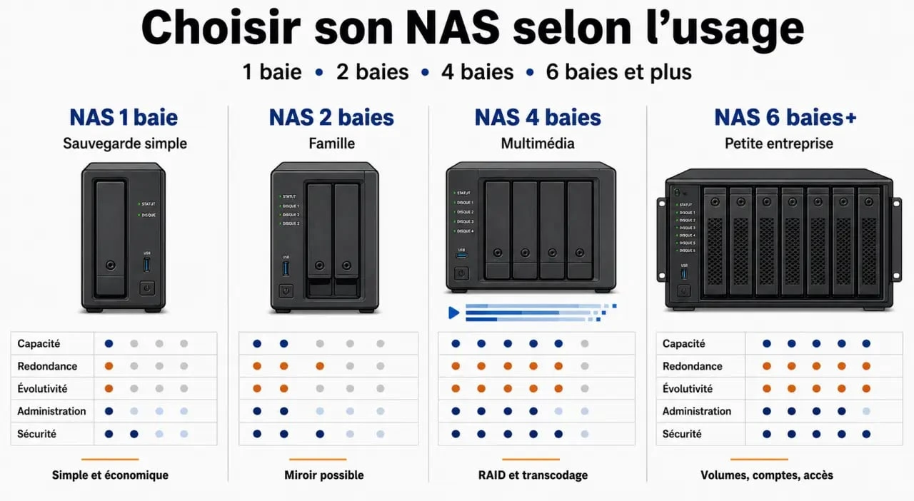 Comparatifs NAS : comparaison visuelle des configurations 1, 2, 4 et 6 baies