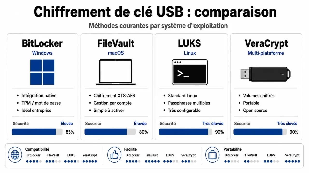 Infographie comparative des méthodes pour crypter clé usb : BitLocker, FileVault, LUKS et VeraCrypt