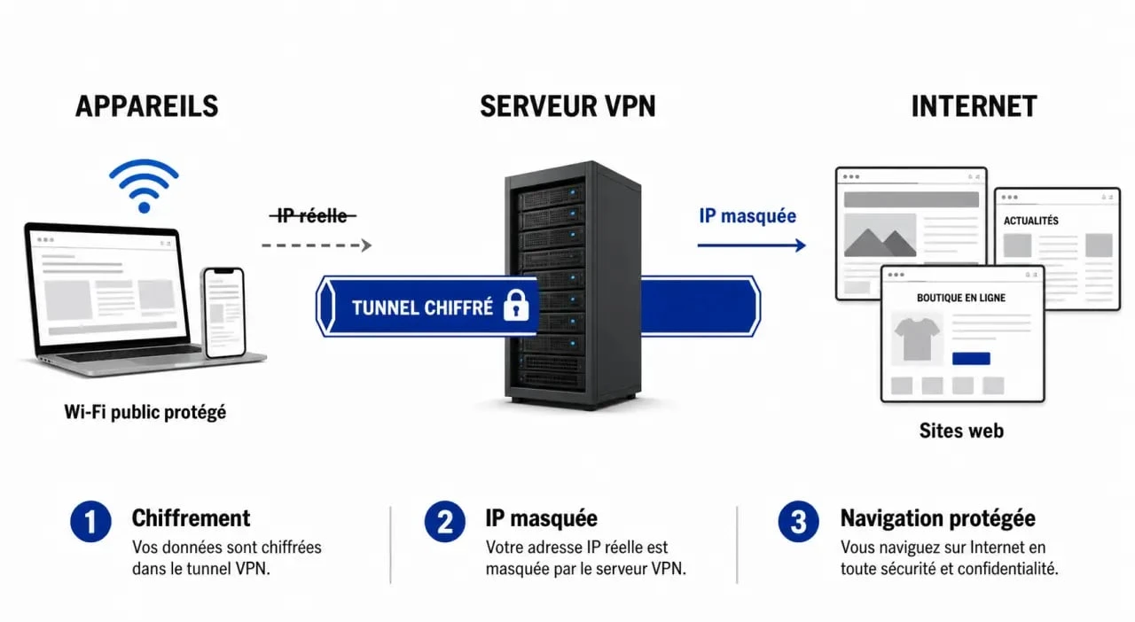 Connexion vpn c est quoi : schéma du tunnel chiffré entre appareil, serveur VPN et Internet