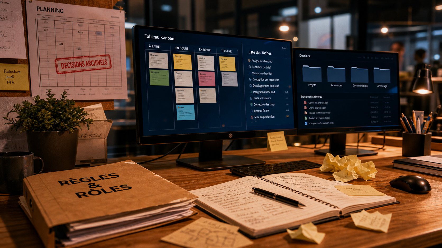 Outils collaboratif : tableau kanban et tâches sur écran, carnet et règles de rôle