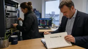 Prestataire informatique 44 à Nantes : technicien vérifie un serveur pour la cybersécurité et le support