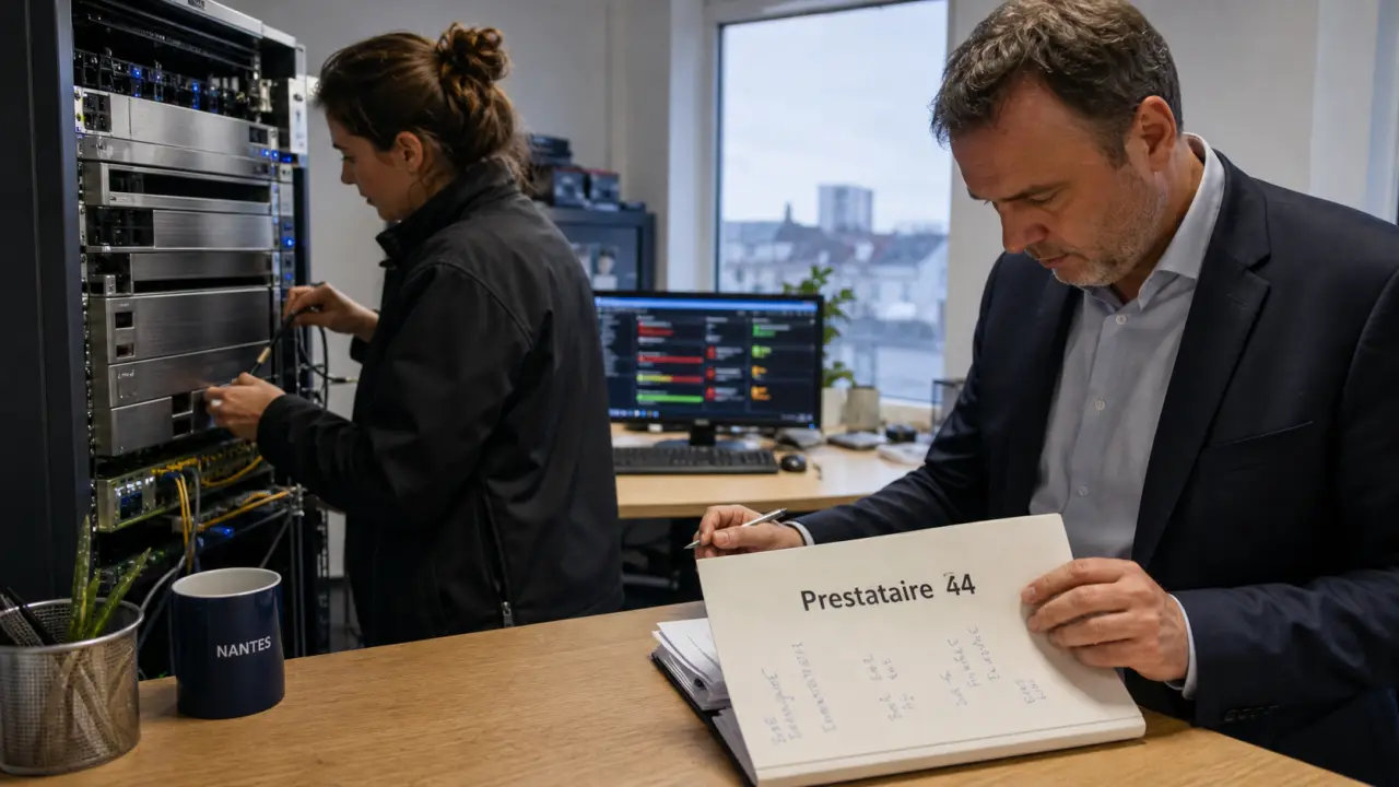Prestataire informatique 44 à Nantes : technicien vérifie un serveur pour la cybersécurité et le support