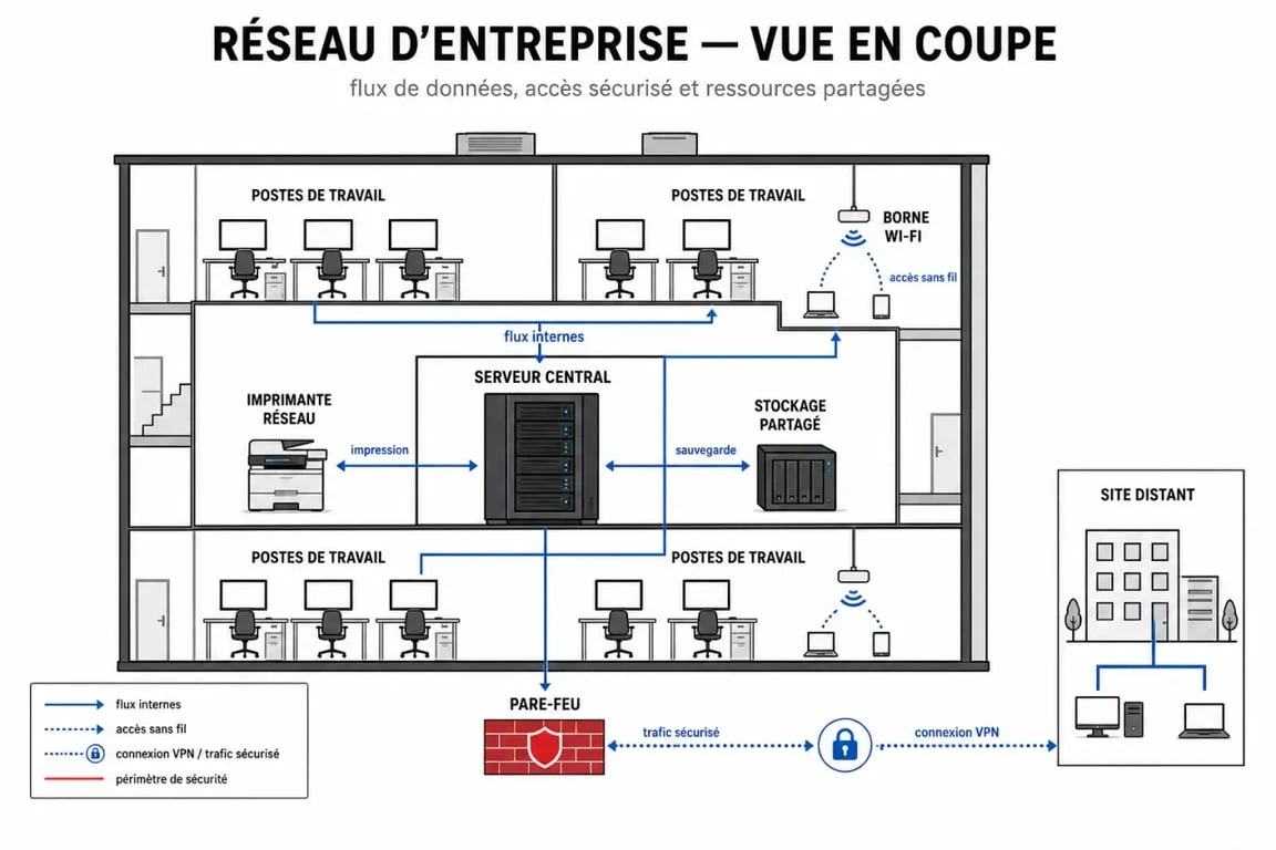 Schéma d’un réseau en entreprise avec serveur, pare-feu, Wi‑Fi et VPN