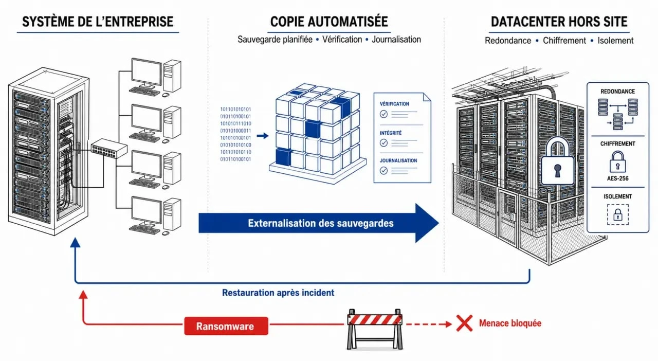 Externalisation sauvegardes informatiques : schéma de sauvegarde locale et hors site vers datacenter sécurisé