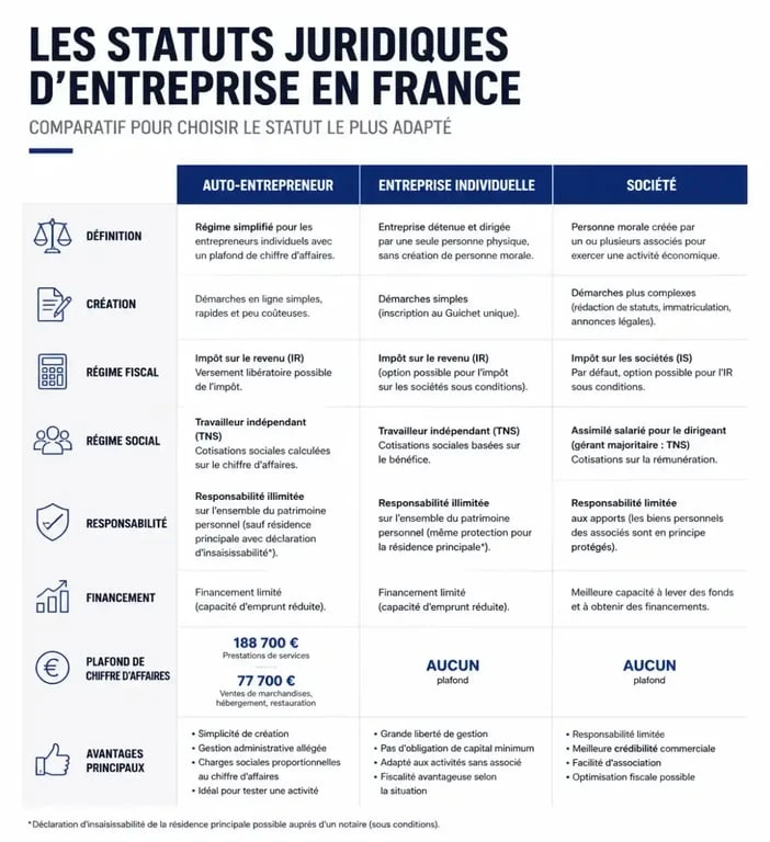 Tableau comparatif des statuts juridiques pour gérer son entreprise en France : auto-entrepreneur, EI et société.