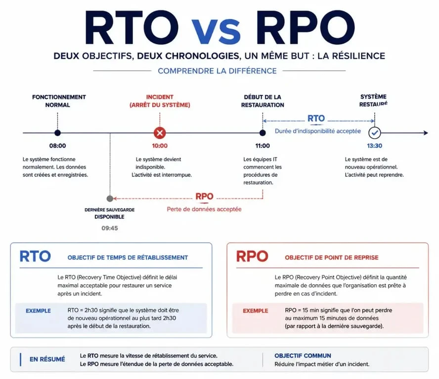 Schéma explicatif des indicateurs RTO et RPO pour un plan de reprise d activité informatique