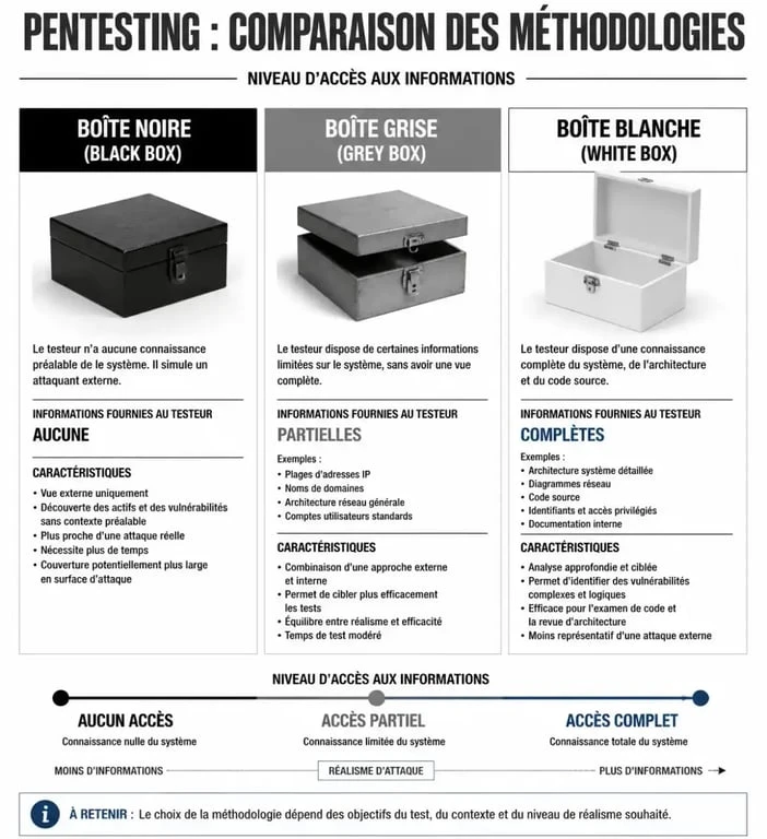 Comparaison des méthodologies de pentest : boîte noire, grise et blanche pour entreprise pentest