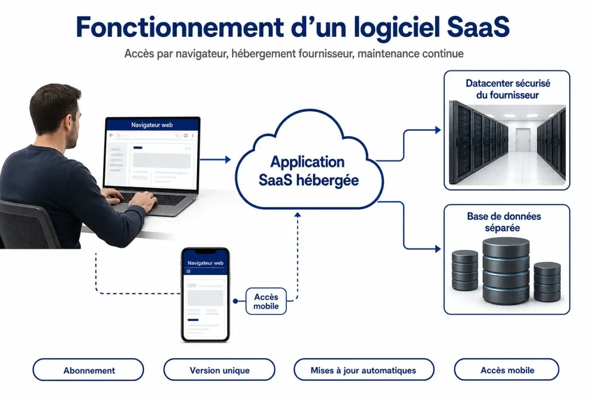 Schéma du logiciel saas montrant l’utilisateur, le navigateur et l’hébergement cloud