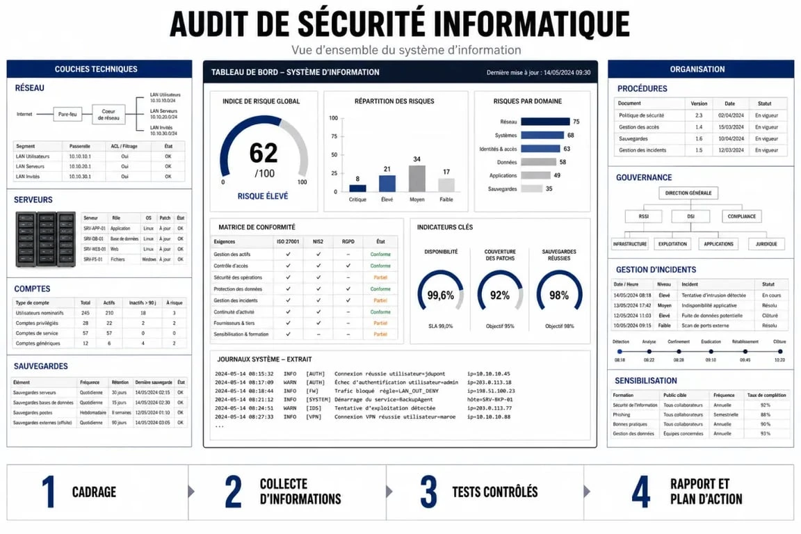 Audit sécurité informatique : schéma éditorial des étapes, des contrôles techniques et du plan d’action