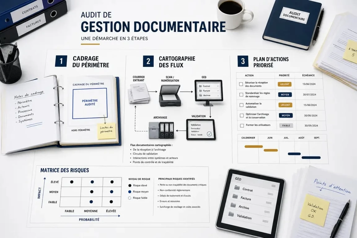 Audit gestion documentaire : illustration des étapes de cadrage, cartographie et plan d’actions