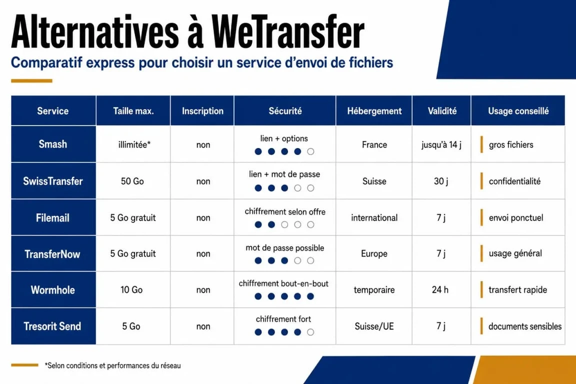 Alternative wetransfer : comparatif visuel des critères de transfert de fichiers