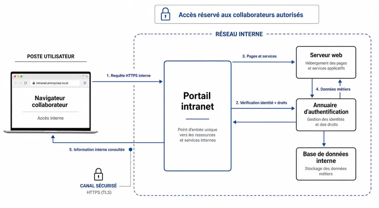 Schéma d’un intranet web avec navigateur, serveur et authentification