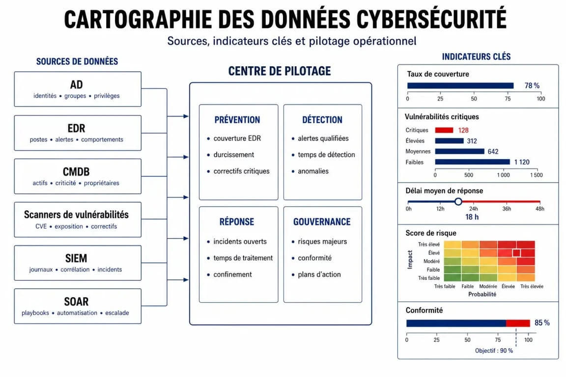 Schéma du kpi sécurité informatique montrant les sources AD, EDR, CMDB, scanners, SIEM et SOAR d’un tableau de bord SSI