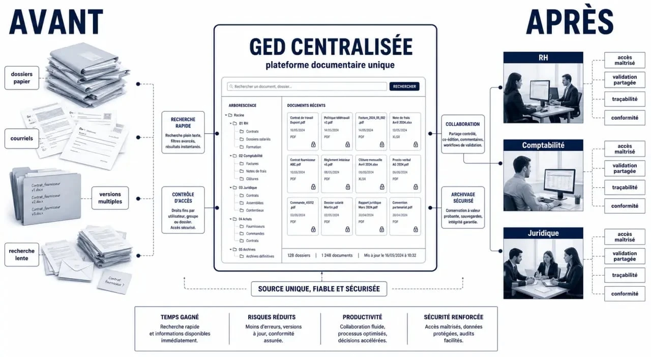 ged avantages : comparaison visuelle entre fichiers éparpillés et gestion documentaire centralisée en entreprise