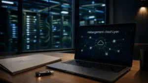 Hébergement cloud lyon : clé USB et schéma réseau sur bureau, datacenter