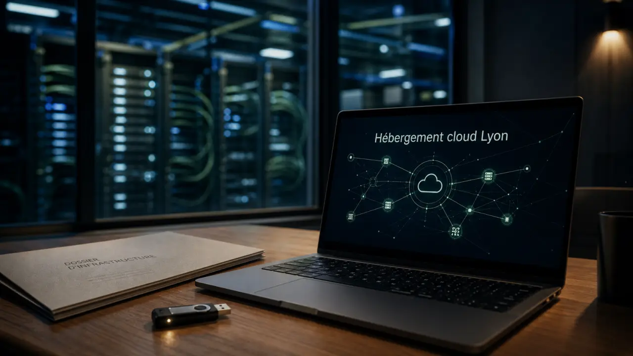 Hébergement cloud lyon : clé USB et schéma réseau sur bureau, datacenter