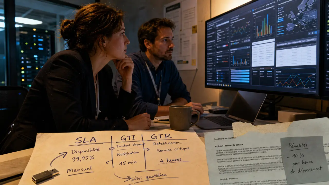 Infogerance informatique pme : cheffe projet et technicien suivent le SLA sur un écran de supervision