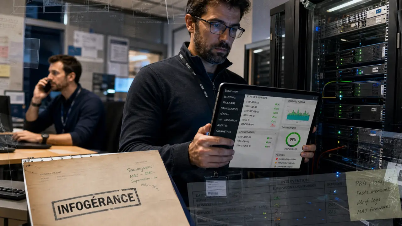 Société infogérance informatique : technicien supervise alertes et sauvegardes dans un open-space IT
