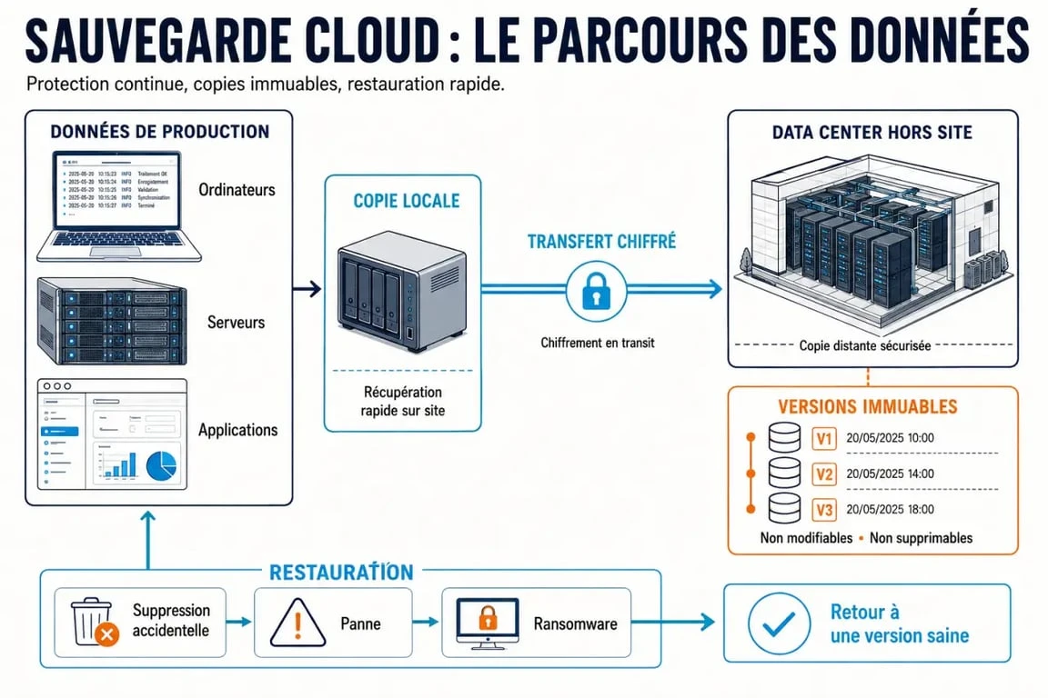 Schéma du fonctionnement d’une solution de sauvegarde cloud avec copie hors site, chiffrement, versions immuables et restauration