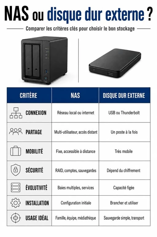 NAS ou disque dur externe : infographie comparative des différences et critères de choix