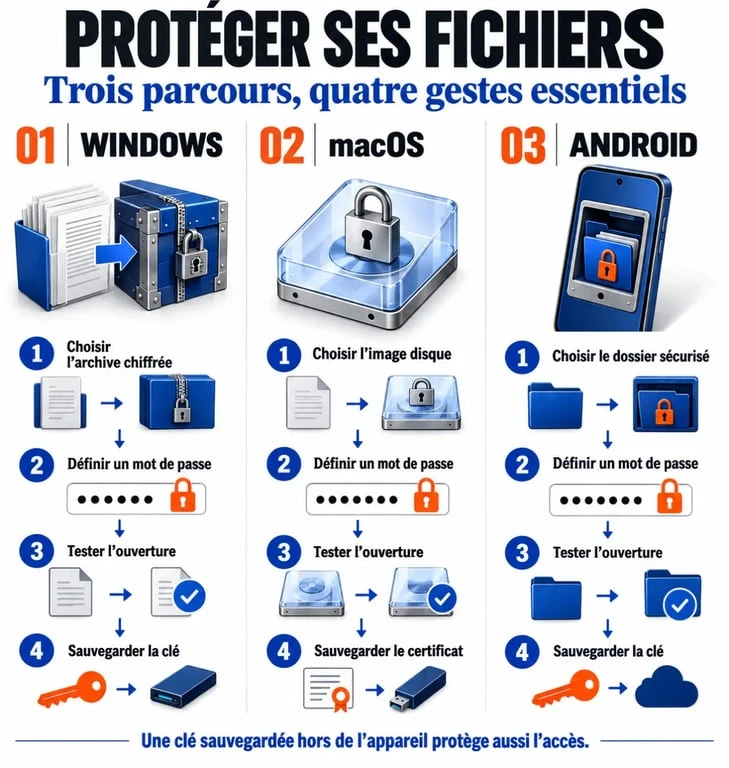 Guide visuel pour mettre un mots de passe sur un dossier sous Windows, macOS et Android