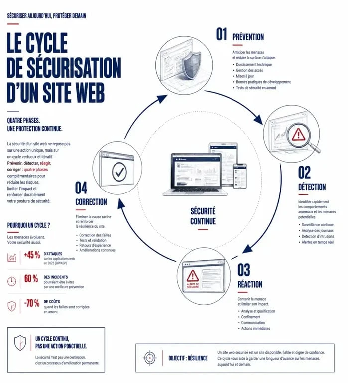 Cycle de sécurité des sites web en quatre étapes : prévention, détection, réaction, correction