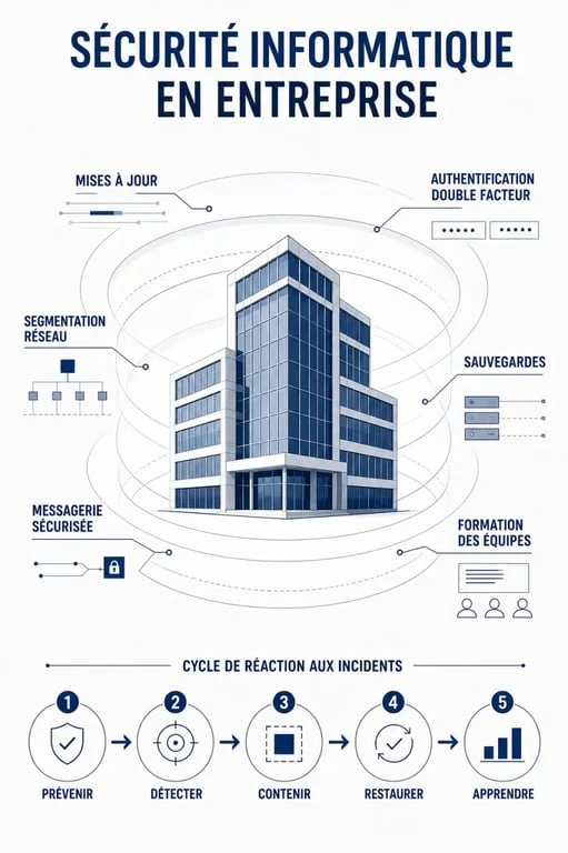 La sécurité informatique en entreprise illustrée par des couches de protection et un cycle de réaction aux incidents