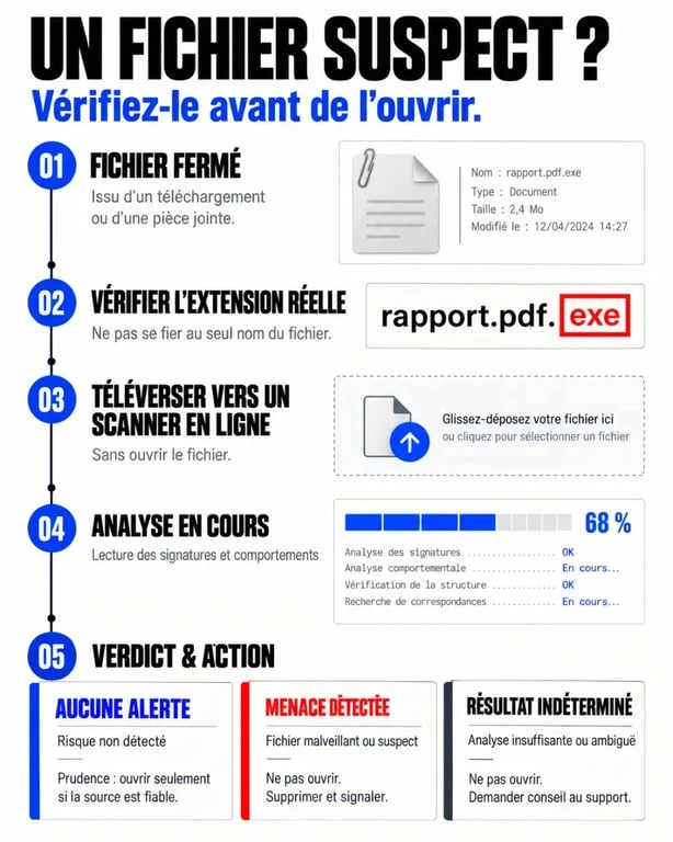 Scan fichier virus en ligne : étapes du téléversement au verdict et à l’action recommandée