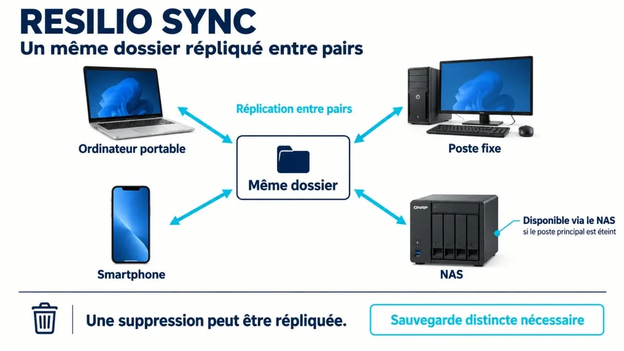 Schéma du fonctionnement de sync resilio entre ordinateur, smartphone et NAS
