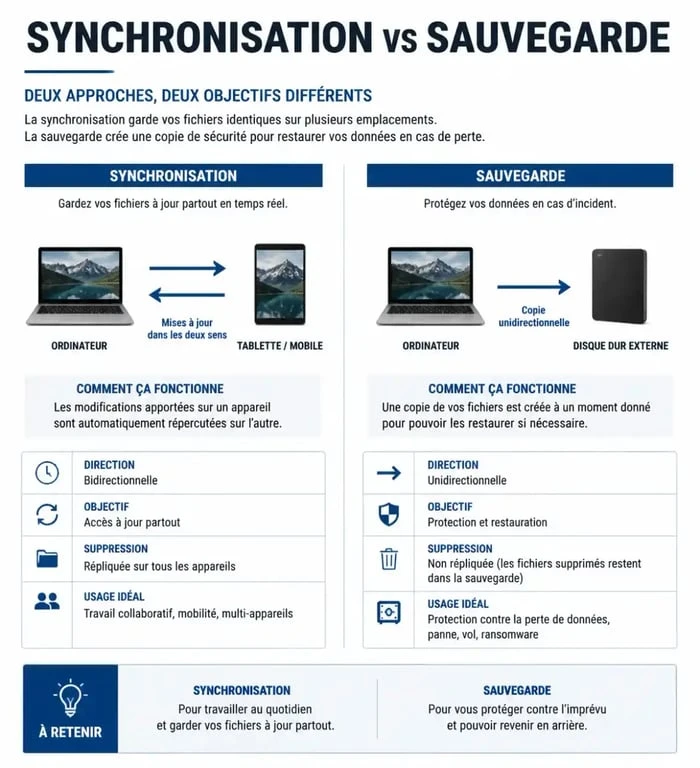 Schéma explicatif de la différence entre synchronisation et sauvegarde de données en ligne