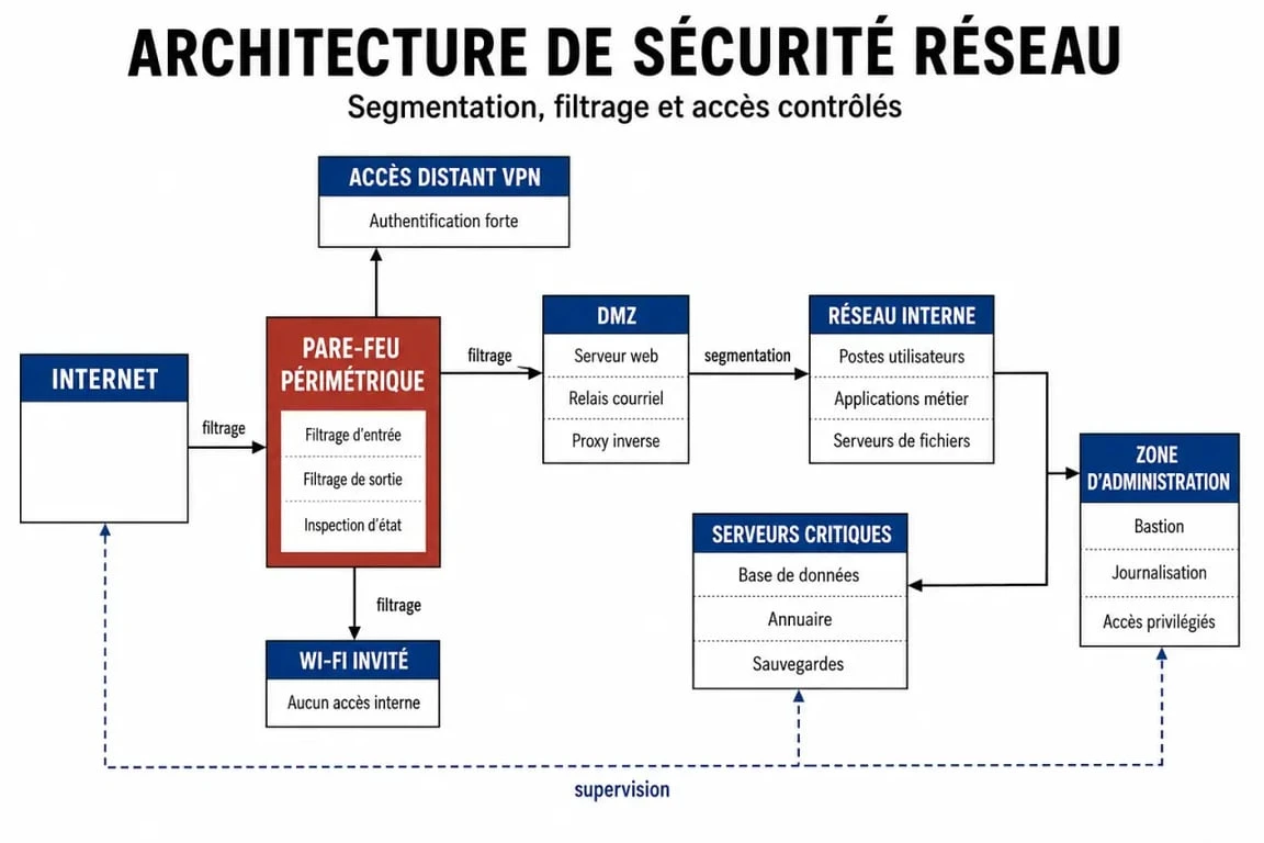 Schéma de sécurité réseau entreprise avec réseau interne, DMZ, VPN et Wi‑Fi invité