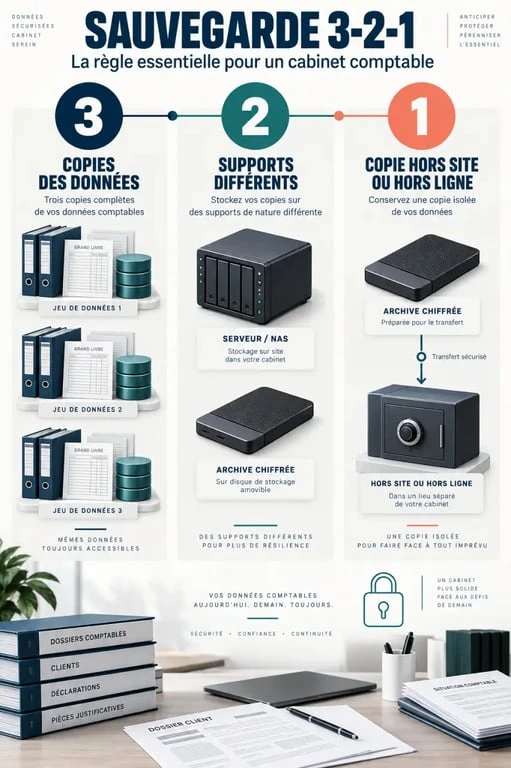 Infographie cybersécurité expert comptable sur la règle de sauvegarde 3-2-1