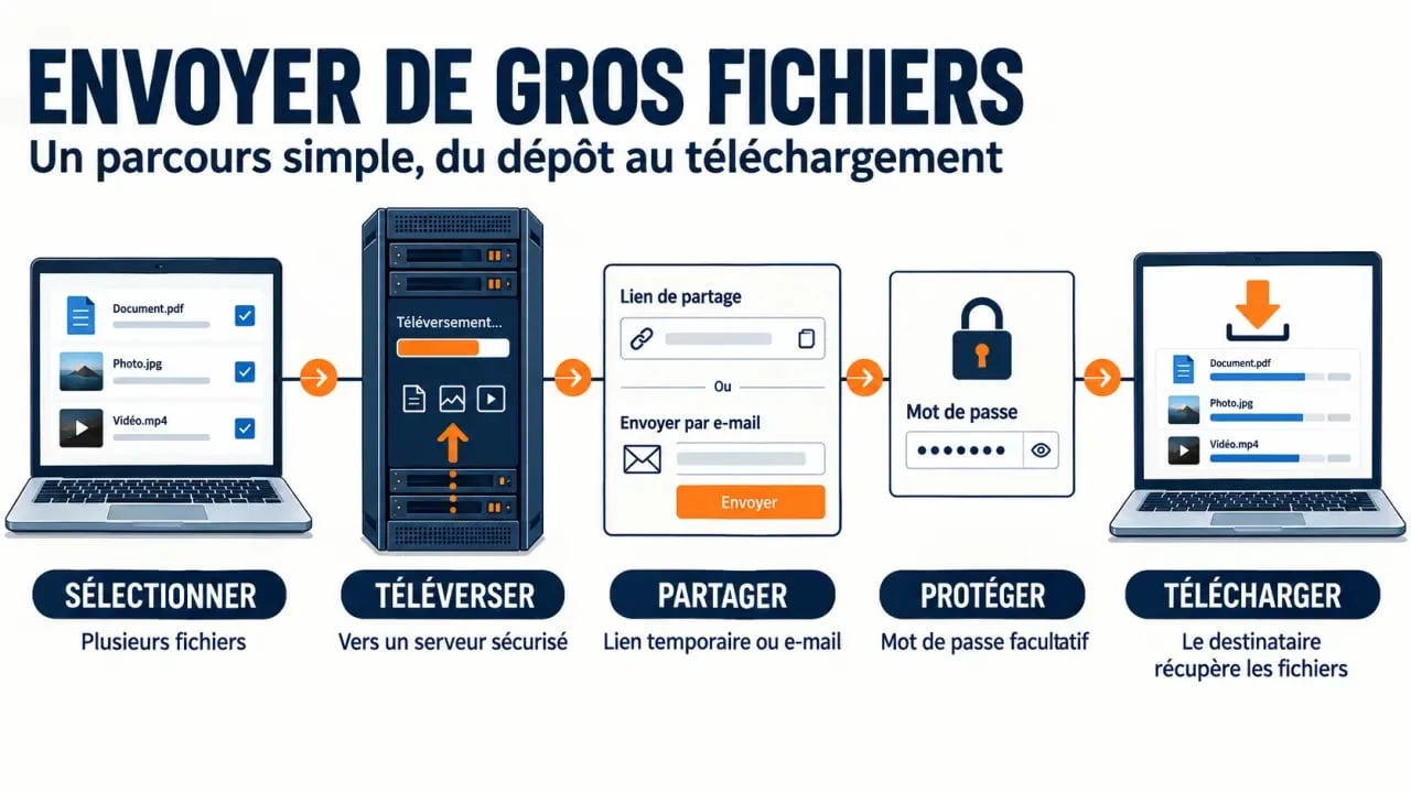 Envoi de gros fichiers gratuits par téléversement, lien de partage et téléchargement