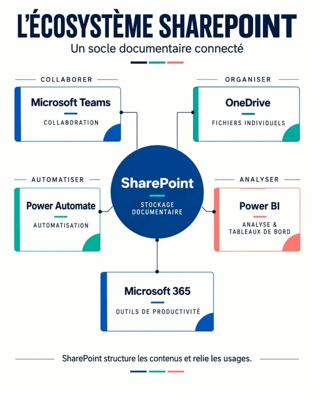 SharePoint c'est quoi : schéma de l’écosystème Microsoft 365 et de ses intégrations