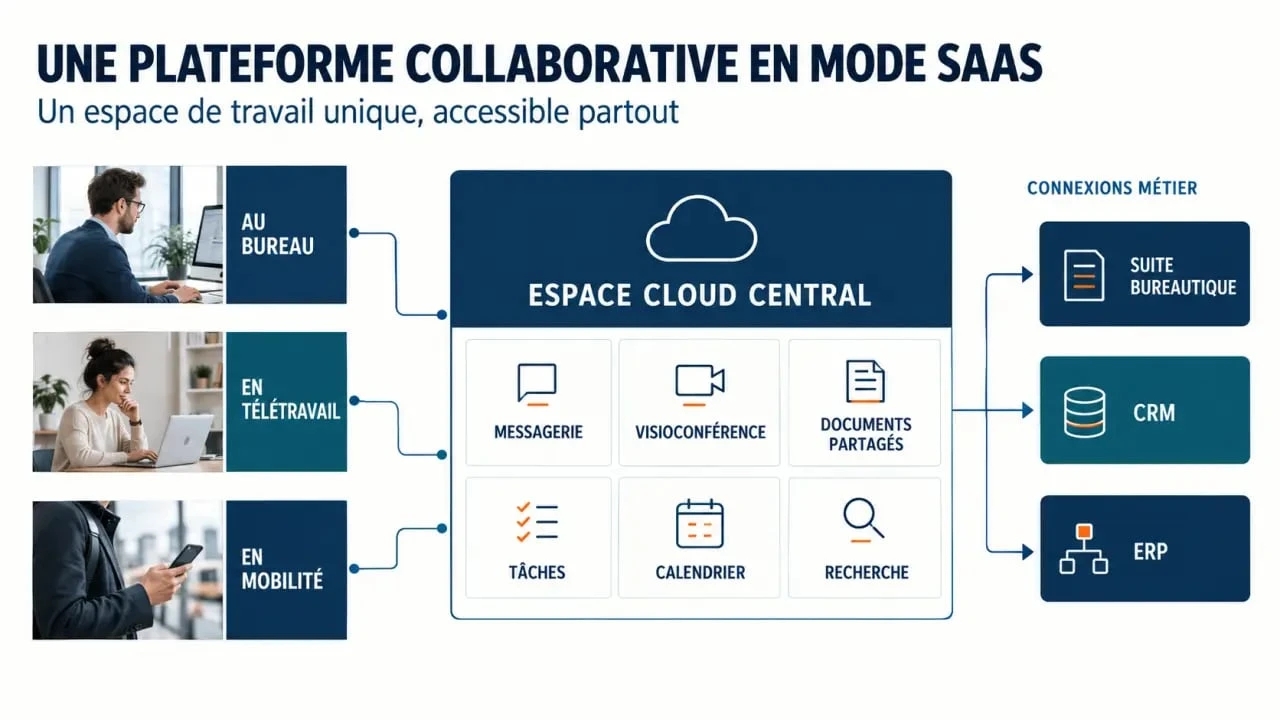 Schéma du fonctionnement d’une plateforme collaborative en mode SaaS et de ses connexions aux outils d’entreprise