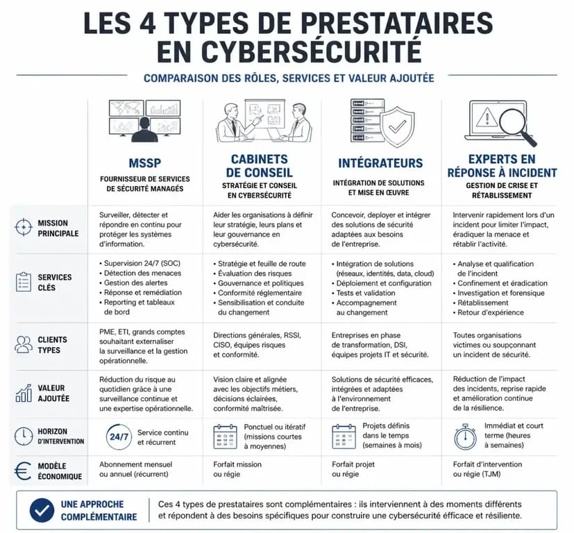 Comparatif des types de prestataires de sécurité informatique pour entreprises