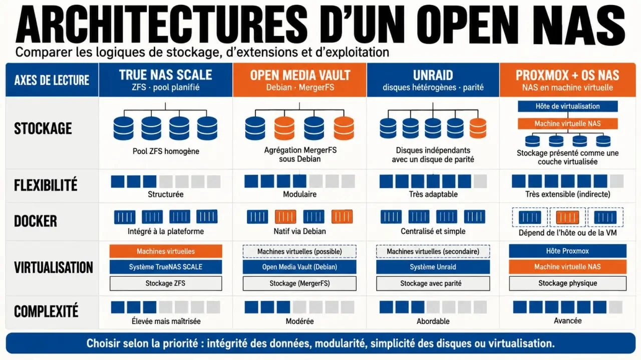 Infographie comparative des solutions open NAS TrueNAS, OpenMediaVault, Unraid et Proxmox