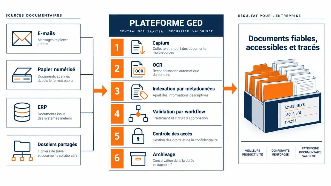 Schéma du fonctionnement d’une GED en entreprise, de la capture des documents à leur validation et leur archivage