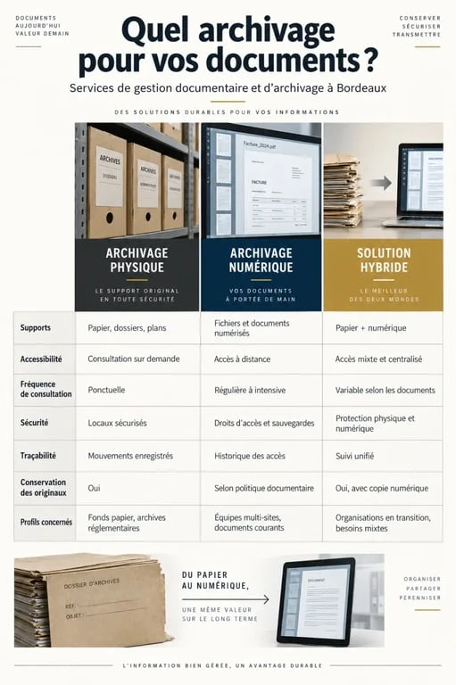 Infographie des services de gestion documentaire et archivage à Bordeaux : solutions physique, numérique et hybride