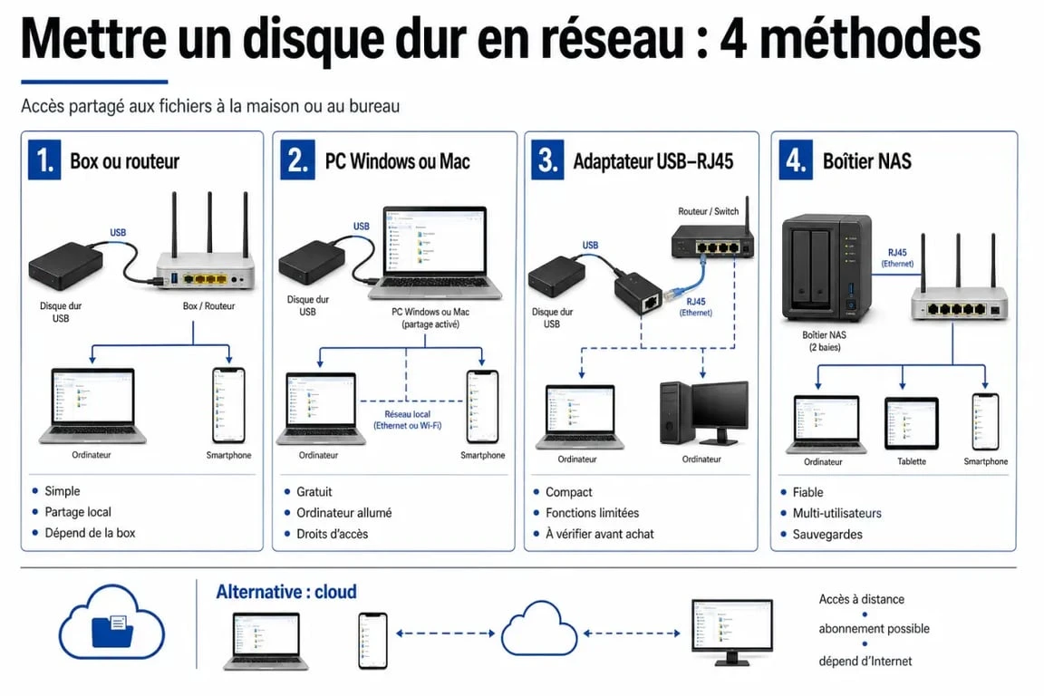 Disque dur en reseau : comparatif visuel des 4 façons de partager un stockage domestique