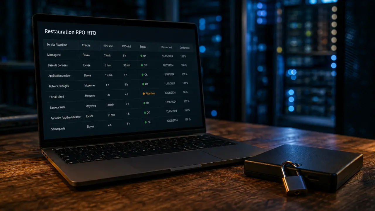 Solution de sauvegarde cloud : test de restauration RPO RTO sur laptop et disque verrouillé
