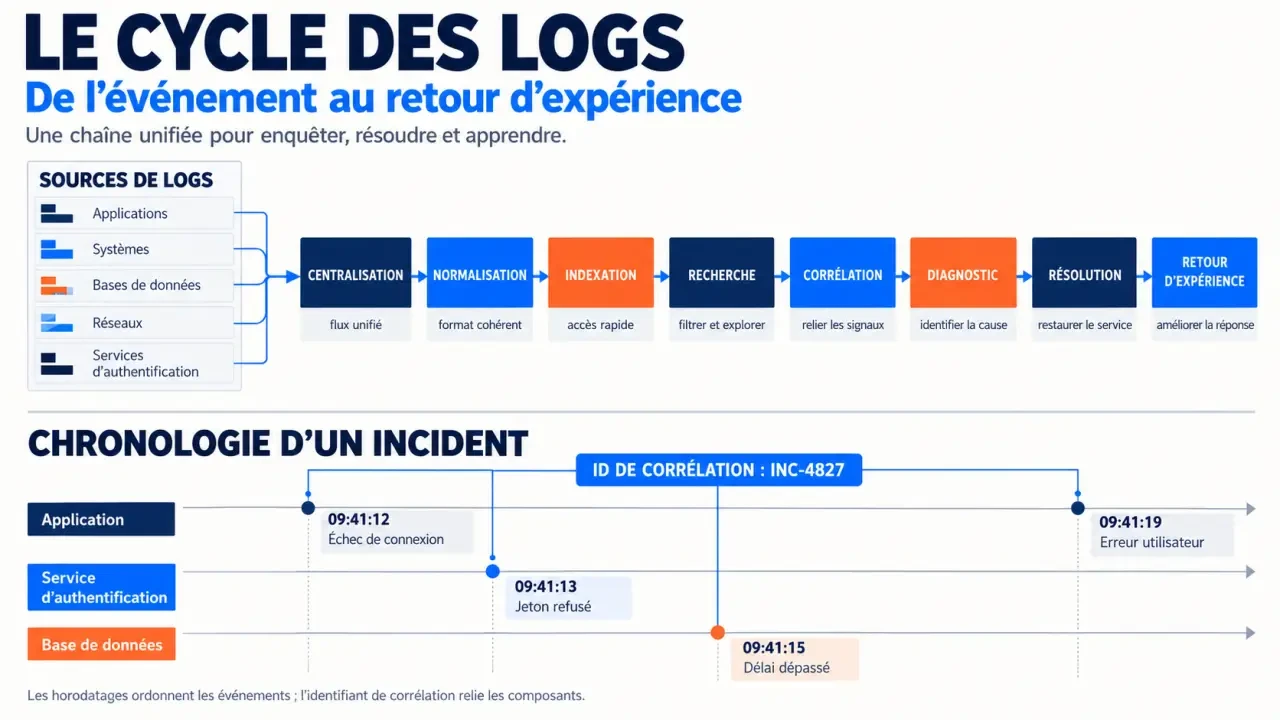 Schéma du cycle des logs pour la gestion des incidents, de la collecte au diagnostic et à la résolution