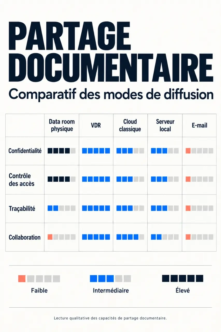 Data room définition : comparaison entre VDR, cloud classique, serveur local, e-mail et salle physique
