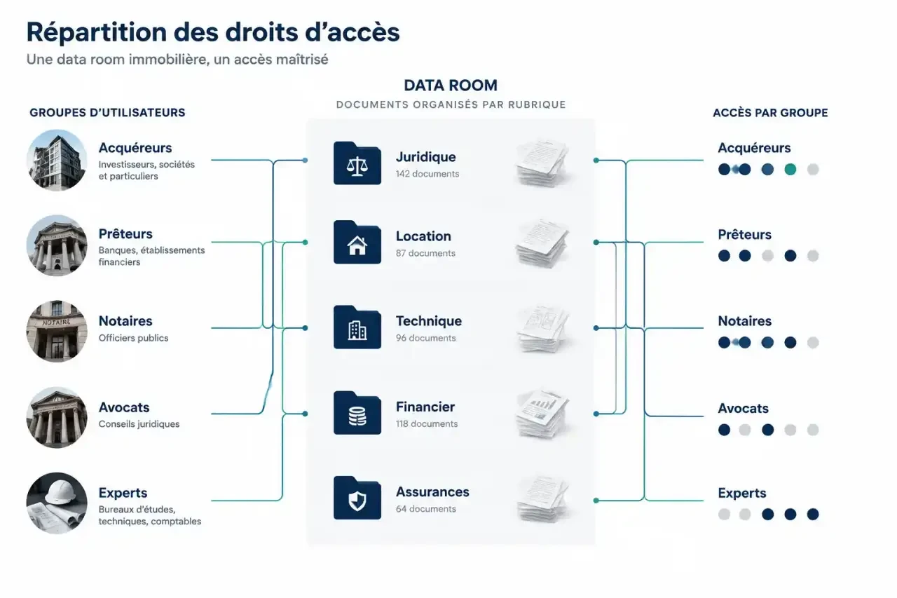 Schéma des droits d'accès par groupe dans une data room immobilière