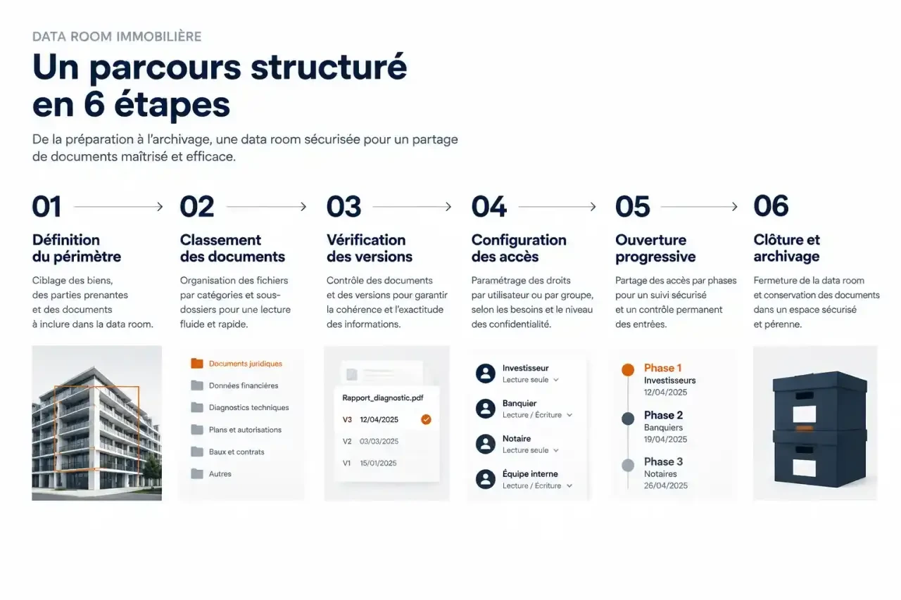 Parcours d'une data room immobilière, de la constitution du dossier à l'archivage