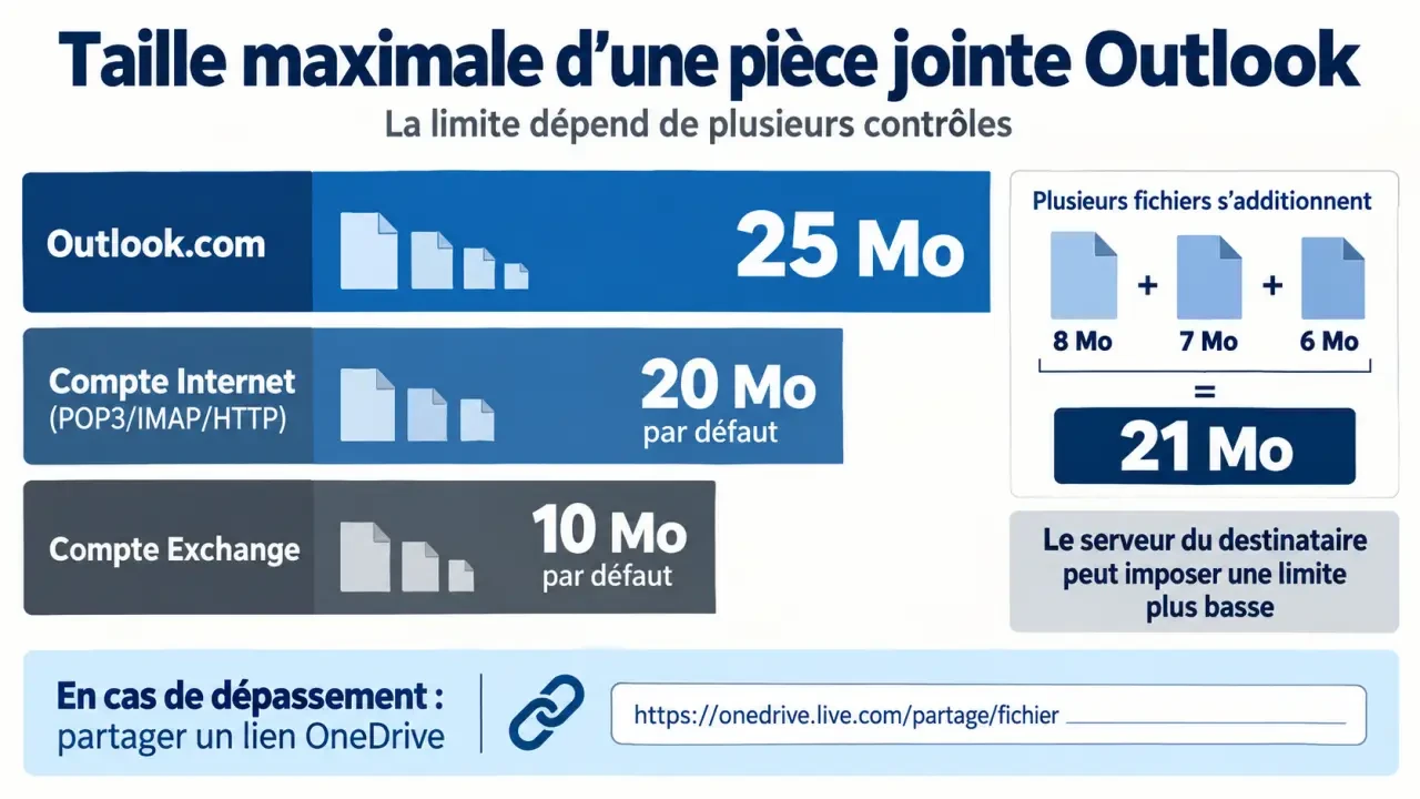 Infographie sur la taille maximale d’une pièce jointe Outlook selon le type de compte