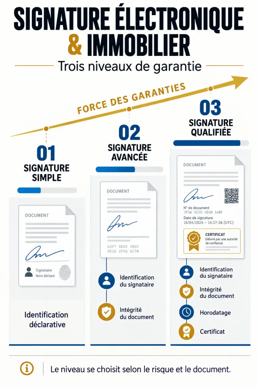 Infographie sur les niveaux de signature électronique immobilier : simple, avancée et qualifiée