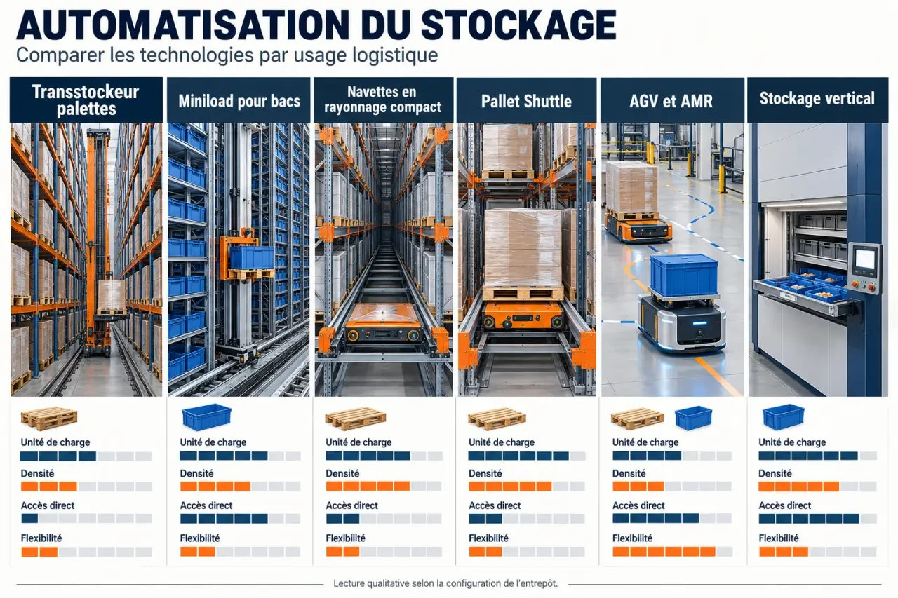 Automatisation du stockage : comparaison visuelle des technologies pour palettes, bacs et petites pièces